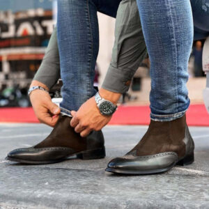 Men's Black & Brown Wing Tip Brogue Chelsea Leather Suede Boot