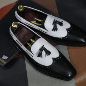 Men's Black&White Slip On Loafer Tussle Shoes,Hand Painted Shoes,Wing Tip Style