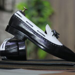 Men's Black&White Slip On Loafer Tussle Shoes,Hand Painted Shoes,Wing Tip Style