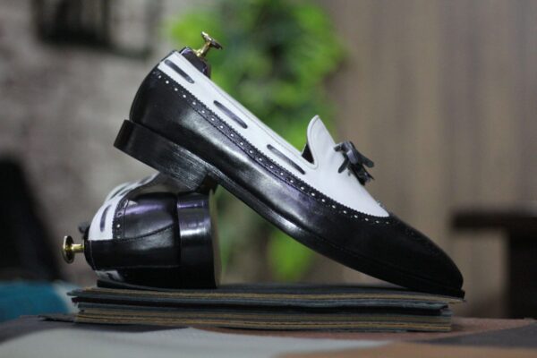 Men's Black&White Slip On Loafer Tussle Shoes,Hand Painted Shoes,Wing Tip Style