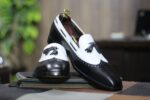 Men's Black&White Slip On Loafer Tussle Shoes,Hand Painted Shoes,Wing Tip Style