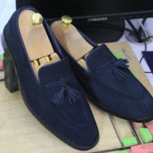 Men's Blue Suede Hand Painted Slip On Loafer Tussle Shoes, Moccasin Shoes