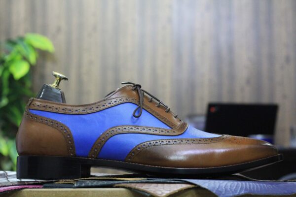 Men's Brown Blue Leather Dress Shoes, Lace Up Shoes, Wing Tip Style Shoes