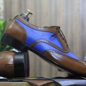 Men's Brown Blue Leather Dress Shoes, Lace Up Shoes, Wing Tip Style Shoes