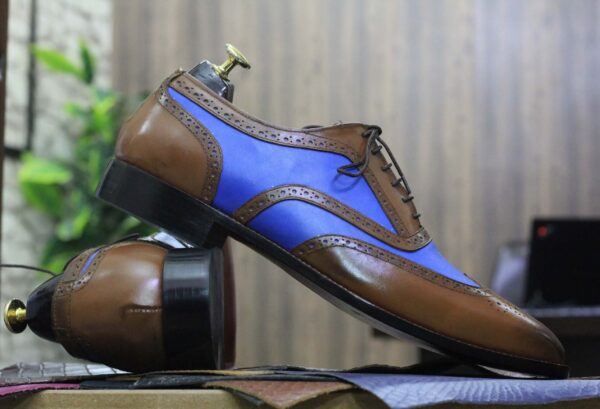 Men's Brown Blue Leather Dress Shoes, Lace Up Shoes, Wing Tip Style Shoes