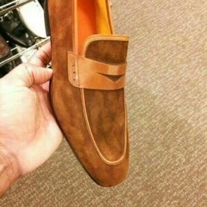 Men's Brown Leather Suede Hand Painted Penny Loafer Shoes