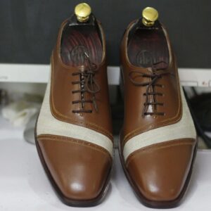 Men's Brown White Pure Leather Shoes, Handmade Men's Lace Up Style Shoes