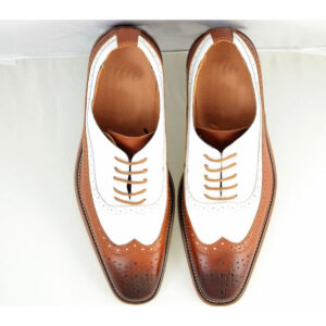 Men's Brown White Wing Tip Brogue Handmade Dress Leather Shoes