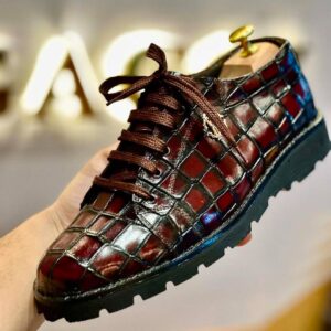 Men's Burgundy Alligator Texture Lace Up Shoes, Handmade Shoes With Rubber Sole Style Shoes