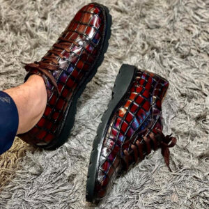 Men's Burgundy Alligator Texture Lace Up Shoes, Handmade Shoes With Rubber Sole Style Shoes