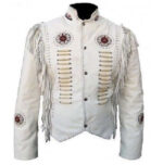 Cowboy Suede Leather White Jacket Western  Fringes Beads Jacket For Men's