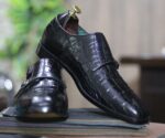 Men's Black Double Buckle Alligator Leather Shoes, Men's Business Shoes