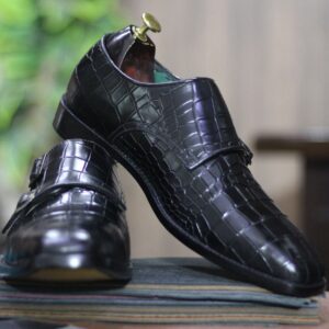 Men's Black Double Buckle Alligator Leather Shoes, Men's Business Shoes