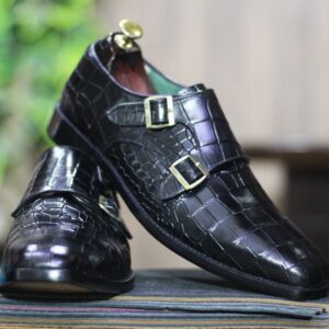 Men's Black Double Buckle Alligator Leather Shoes, Men's Business Shoes