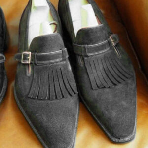 Men's Gray Fringe Monk Straps Suede Loafers Formal Shoe