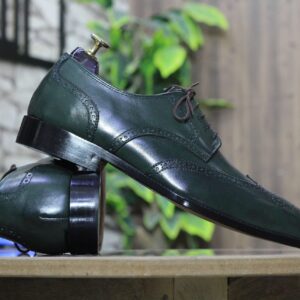 Men's Green Leather Classic Formal Oxford Shoes, Wing Tip Lace Up Shoes