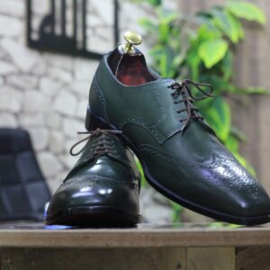 Men's Green Leather Classic Formal Oxford Shoes, Wing Tip Lace Up Shoes