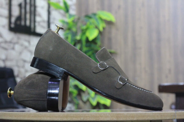 Men's Grey Double Buckle Suede Shoes, Oxford Shoes, Hand Painted Shoes