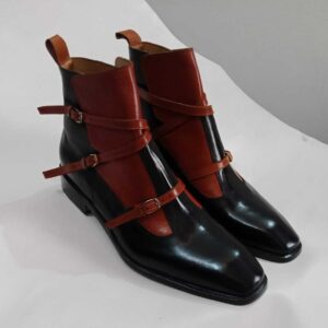 Men's Handmade Ankle High 2 Tone Triple Monk Straps Style Leather Boot