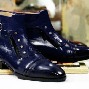 Men's Handmade Ankle High Blue Leather With Buckle Style Boot, Cap Toe Boot