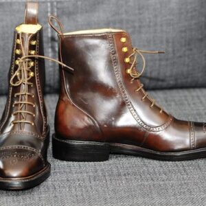 Men's Handmade Ankle High Tone Cognac Cap Toe Brogue Leather Lace Up Boot