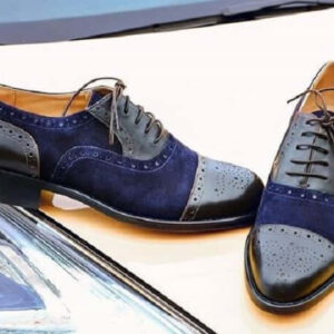 Men's Handmade Black Navy Blue Suede Leather Lace Up Shoes, Men's Dress Cap Toe Brogue Shoes