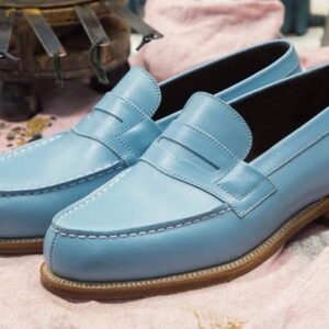 Men's Handmade Blue Penny Loafer Leather Slip On Moccasin Shoes