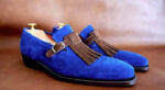 Men's Handmade Blue Suede Monk Shoes, Men Brown Monk Genuine Leather Shoes