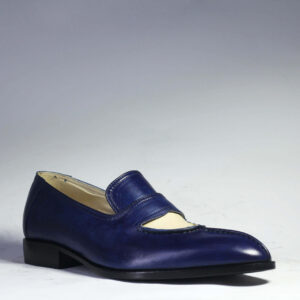 Men's Handmade Blue White Split Toe Loafers Leather Shoes