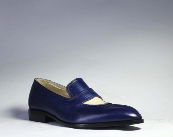 Men's Handmade Blue White Split Toe Loafers Leather Shoes