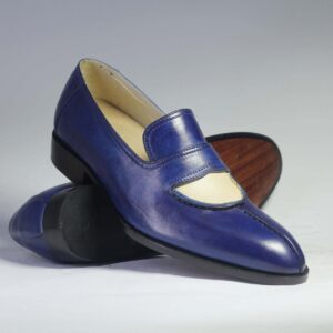 Men's Handmade Blue White Split Toe Loafers Leather Shoes