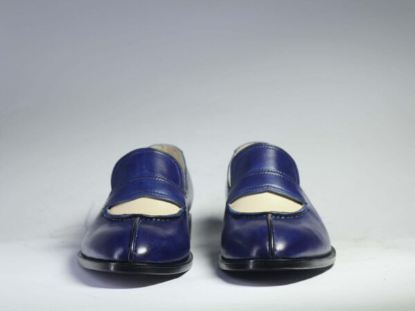 Men's Handmade Blue White Split Toe Loafers Leather Shoes