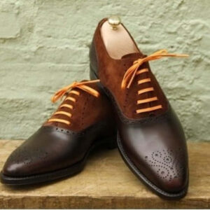 Men's Handmade Brown Brogue Toe Leather Suede Lace Up Oxford Dress Shoes