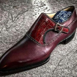 Men's Handmade Burgundy Alligator Leather Monk Strap Shoes, Men Dress Buckle Formal Shoes