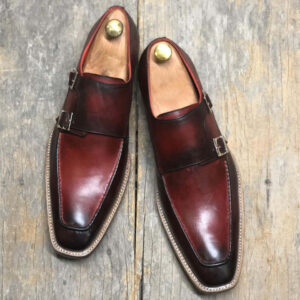 Men's Handmade Burgundy Leather Double Monk Shoes