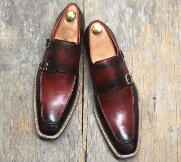 Men's Handmade Burgundy Leather Double Monk Shoes