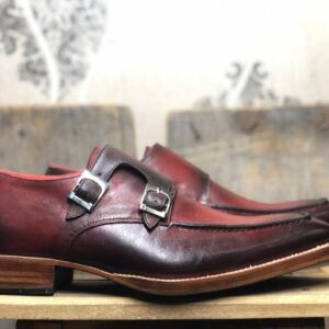 Men's Handmade Burgundy Leather Double Monk Shoes