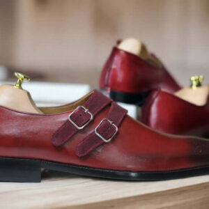 Men's Handmade Burgundy Leather Suede Shoes, Double Buckle Shoes, Classic Shoes