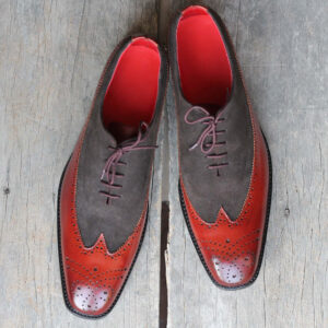 Men's Handmade Burgundy & Gray Wing Tip Brogue Lace Up Leather & Suede Shoes