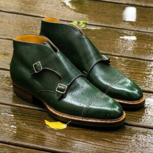 Men's Handmade Green Leather Double Buckle Strap Shoes Men Shoes, Cap Toe Shoes