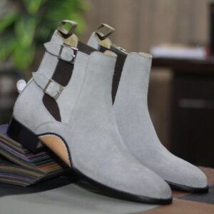 Men's Handmade Grey Suede Boot, Double Buckle Style Classic Boot