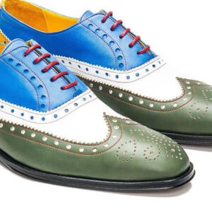 Men's Handmade Multi Color Leather Lace Up Shoes, Men's Dress Wing Tip Brogue Shoes