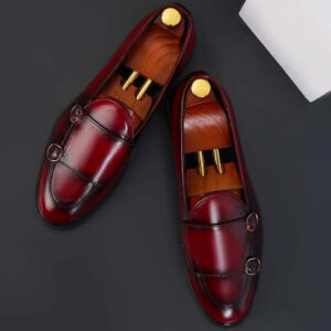 Men's Handmade Pure Burgundy Leather Shoes, Round Toe With Double Buckle Style