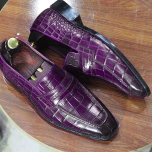 Men's Handmade Purple Penny Loafer, Pure Alligtator With Classic Heel