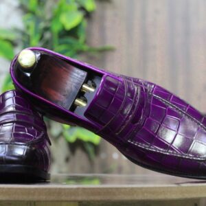 Men's Handmade Purple Penny Loafer, Pure Alligtator With Classic Heel