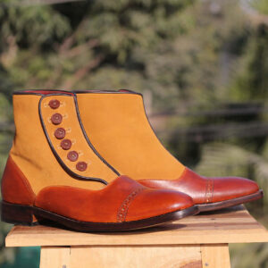 Men's Handmade Tan Brown Ankle Boots, Button Top Cap Toe Designer Boots for Men