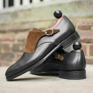 Men's Handmade Two Tone Side Buckle Shoes, Street Wear Classic Leather Suede Shoes