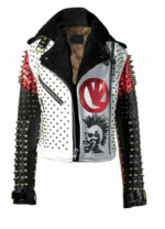 Men's Handmade Victor Luna White Black Studded Rock Punk Genuine Leather Jacket