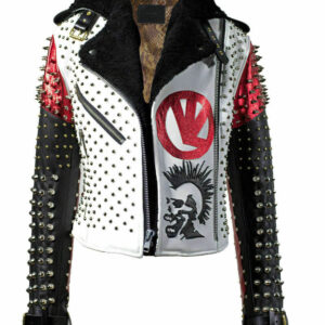 Men's Handmade Victor Luna White Black Studded Rock Punk Genuine Leather Jacket