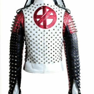 Men's Handmade Victor Luna White Black Studded Rock Punk Genuine Leather Jacket